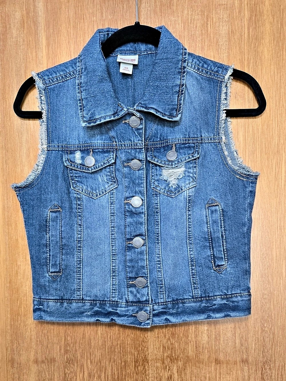 Mossimo Women's Small Cropped Distressed Biker Denim Vest Size Small Blue